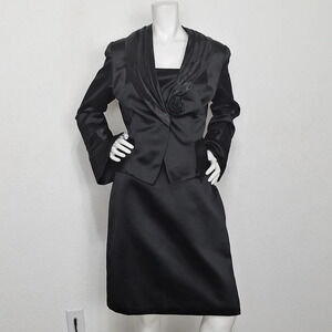 JS Collections Preppy Black Satin Bell Sleeve Cocktail Dress & Jacket Set Sz. 10